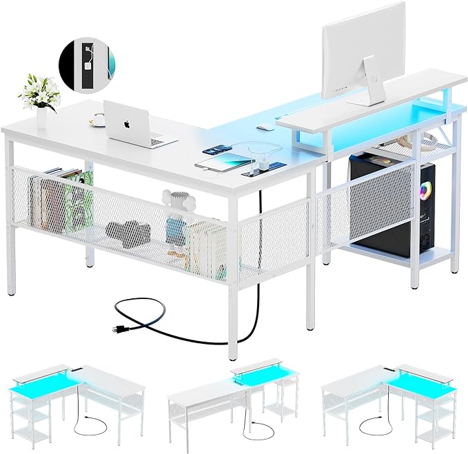 L Shaped Desk, 55 Inch Reversible Computer Desk with Magic Power Outlet and Cool LED Light, Sturdy Corner Office Desk with Ergonomic Monitor Stand, Gaming Table, Attractive Grid Design, White - LeafyLoom