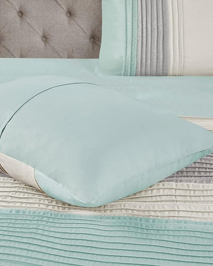 Madison Park Amherst Faux Silk Comforter Set-Casual Contemporary Design All Season Down Alternative Bedding, Matching Shams, Bedskirt, Decorative Pillows, King(104"x92"), Aqua, 7 Piece (MP10-2980) - LeafyLoom
