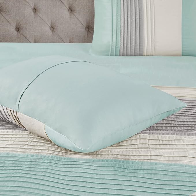 Madison Park Amherst Faux Silk Comforter Set-Casual Contemporary Design All Season Down Alternative Bedding, Matching Shams, Bedskirt, Decorative Pillows, King(104"x92"), Aqua, 7 Piece (MP10-2980) - LeafyLoom