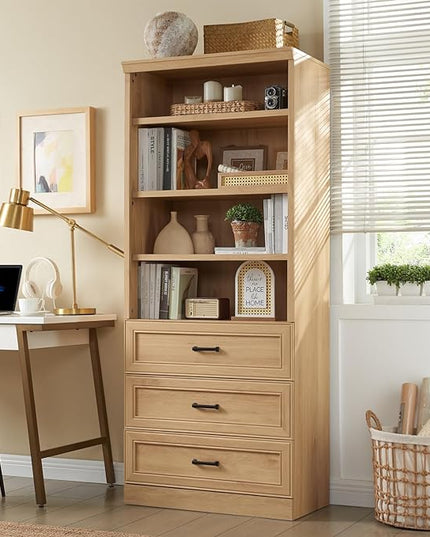 72" Tall Bookshlef with 3 Drawers, Farmhouse 4-Tier Bookcase with Adjustable Shlef, Wooden Storage Cabinet for Living Room, Kitchen, Home Office, Dining Room, Natural - LeafyLoom