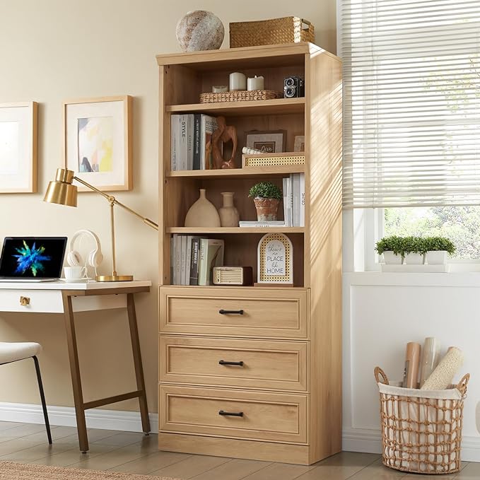 72" Tall Bookshlef with 3 Drawers, Farmhouse 4-Tier Bookcase with Adjustable Shlef, Wooden Storage Cabinet for Living Room, Kitchen, Home Office, Dining Room, Natural - LeafyLoom