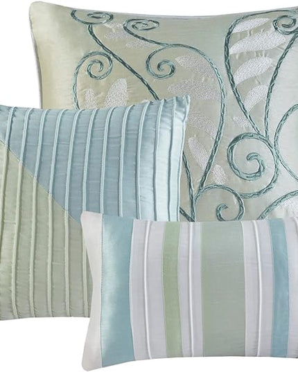 Madison Park Amherst Faux Silk Comforter Set-Casual Contemporary Design All Season Down Alternative Bedding, Matching Shams, Bedskirt, Decorative Pillows, Cal King(104"x92"), Green, 7 Piece (MP10-848) - LeafyLoom