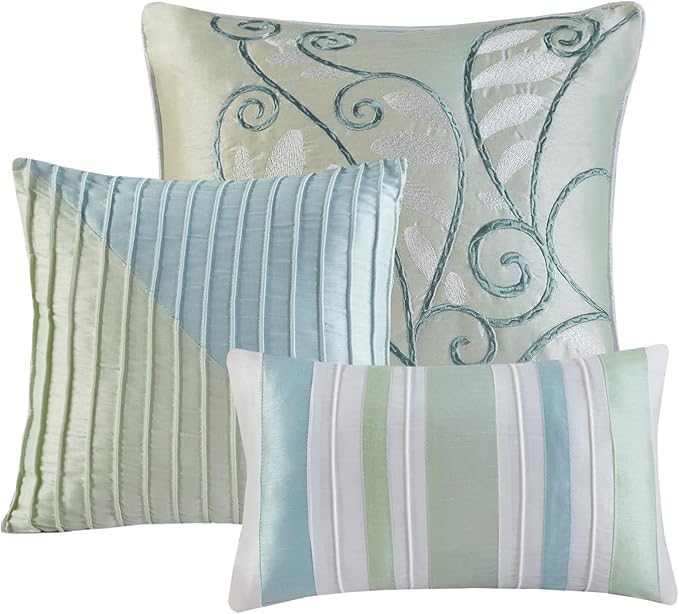 Madison Park Amherst Faux Silk Comforter Set-Casual Contemporary Design All Season Down Alternative Bedding, Matching Shams, Bedskirt, Decorative Pillows, Cal King(104"x92"), Green, 7 Piece (MP10-848) - LeafyLoom
