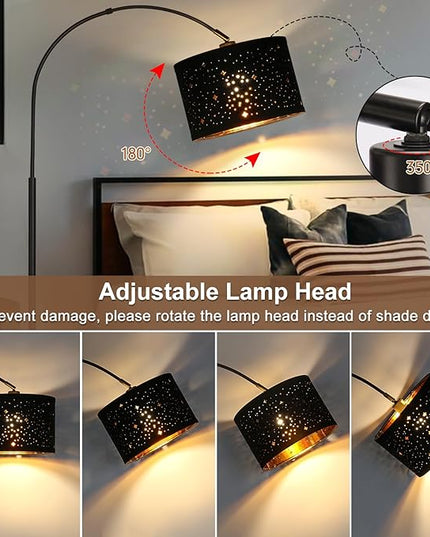 Modern Arc Floor Lamp, Tall Pole Lamp with Black Stars Lampshade, Arched Reading Light with Adjustable Lamp Head, Over Couch Hanging Light Corner Lamp for Living Room, Bedroom, Office (Black) - LeafyLoom