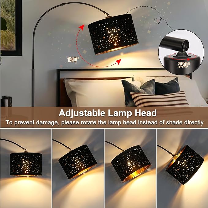 Modern Arc Floor Lamp, Tall Pole Lamp with Black Stars Lampshade, Arched Reading Light with Adjustable Lamp Head, Over Couch Hanging Light Corner Lamp for Living Room, Bedroom, Office (Black) - LeafyLoom