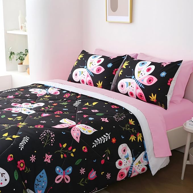 Girls Butterfly Comforter Set Queen Size Black 7 Piece Bed in A Bag Colorful Flowers Leaves Bedding Set for Kids Teens Adults Super Soft All Season - LeafyLoom