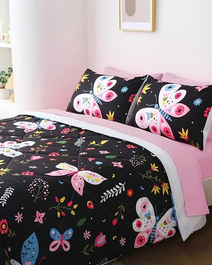 Girls Butterfly Comforter Set Twin Size Black 7 Piece Bed in A Bag Colorful Flowers Leaves Bedding Set for Kids Teens Super Soft All Season - LeafyLoom