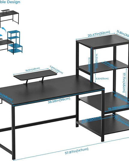 GreenForest Computer Desk 58 inch with Storage Printer Shelf Reversible Gaming Home Office Desk with Movable Monitor Stand and 2 Headphone Hooks for Study Writing PC Working, Black - LeafyLoom