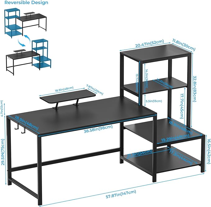 GreenForest Computer Desk 58 inch with Storage Printer Shelf Reversible Gaming Home Office Desk with Movable Monitor Stand and 2 Headphone Hooks for Study Writing PC Working, Black - LeafyLoom