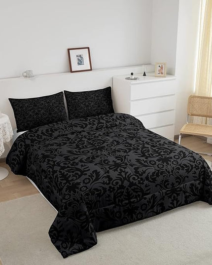 Erosebridal Adults Black Damask Bedding Set Antique Victorian Baroque Down Comforter Queen Gothic Vintage Floral Comforter Set Bohemian Exotic Bedding Quilted Bedroom Decor 2 Pillow Cases - LeafyLoom