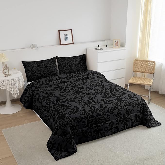Erosebridal Adults Black Damask Bedding Set Antique Victorian Baroque Down Comforter Queen Gothic Vintage Floral Comforter Set Bohemian Exotic Bedding Quilted Bedroom Decor 2 Pillow Cases - LeafyLoom