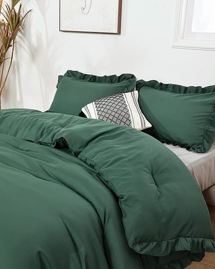 JANZAA King Size Comforter Set Emerald Comforter Set 3PCS (1 Ruffled Comforter Set and 2 Pillowcases) Fluffy Comforter Set Vintage Farmhouse Shabby Chic Bedding Soft All Season - LeafyLoom