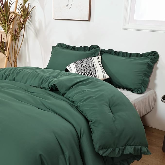 JANZAA Twin Comforter Set Emerald Comforter Set 2PCS (1 Ruffled Comforter Set and 1Pillow case) Fluffy Comforter Set Vintage Farmhouse Shabby Chic Bedding Soft All Season - LeafyLoom
