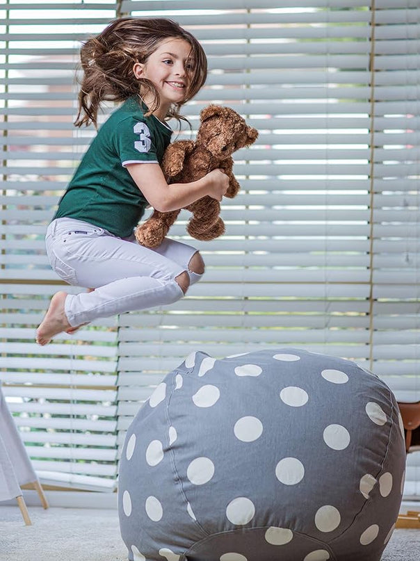 Wekapo Stuffed Animal Storage Bean Bag Chair Cover for Kids | Stuffable Zipper Beanbag for Organizing Children Plush Toys Large Premium Cotton Canvas (Gray Dot, XX-Large) - LeafyLoom