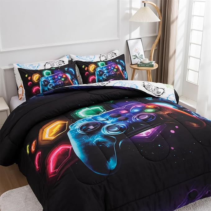 NTBED Game Console Comforter Set for Boys Girls Kids Space Universe Gaming Geometric Lightweight Microfiber Gamer Bedding Sets (Multi, Queen) - LeafyLoom