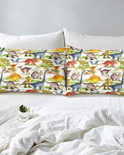 Erosebridal Dinosaur Comforter Set Kawaii Dino Bedding Set for Kids Girls Boys Teens Bedroom Decor, Retro Animal Duvet Insert Watercolor Wildlife Soft Microfiber Quilt with 1 Pillow Case, Twin - LeafyLoom