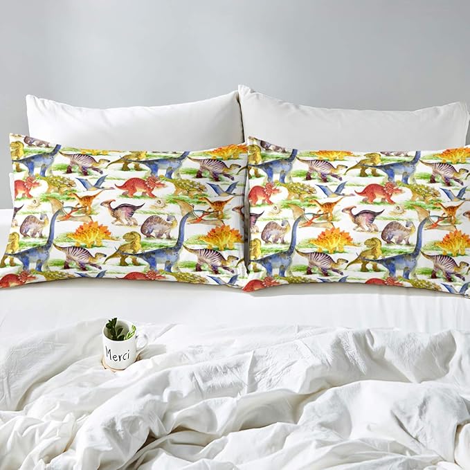 Erosebridal Dinosaur Comforter Set Kawaii Dino Bedding Set for Kids Girls Boys Teens Bedroom Decor, Retro Animal Duvet Insert Watercolor Wildlife Soft Microfiber Quilt with 2 Pillow Cases, Queen - LeafyLoom