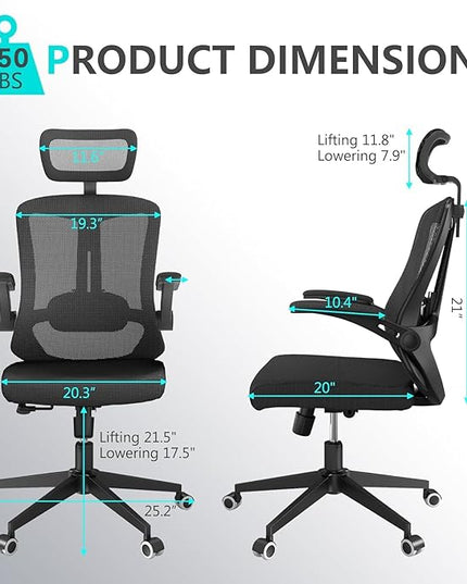 Office Chair 350LBS Capacity,Ergonomic Comfy Home Desk Chair,High Back Gaming Chair with Wheels,Mesh Computer Chair,Lumbar Support,Adjustable Headrest,Flip-up Armrest - LeafyLoom