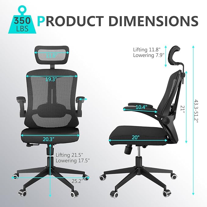 Office Chair 350LBS Capacity,Ergonomic Comfy Home Desk Chair,High Back Gaming Chair with Wheels,Mesh Computer Chair,Lumbar Support,Adjustable Headrest,Flip-up Armrest - LeafyLoom