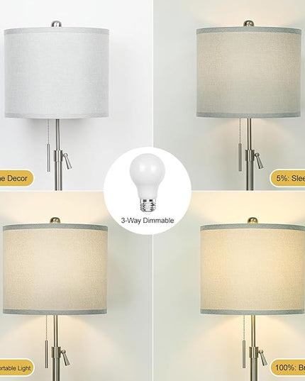 Brushed Nickel Floor Lamp for Living Room, Adjustable Height Standing Lamp with Metal Base, Tall Pole Light with Grey Shade for Bedroom, 8W 4000K 3-Way LED Bulb Included (Brushed Nickel, Grey Shade) - LeafyLoom