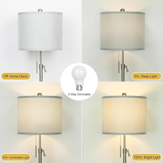 Brushed Nickel Floor Lamp for Living Room, Adjustable Height Standing Lamp with Metal Base, Tall Pole Light with Grey Shade for Bedroom, 8W 4000K 3-Way LED Bulb Included (Brushed Nickel, Grey Shade) - LeafyLoom