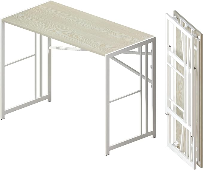 40 inch Folding Desk, Writing Gaming Computer Camping Desk, No Assembly Required Home Office Table, Natural and White - LeafyLoom