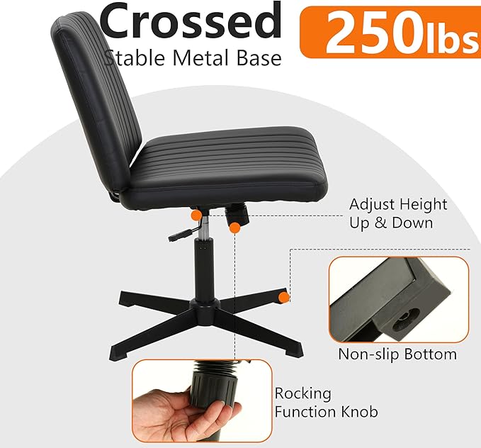 FDW Criss Cross Chair Armless Cross Legged Office Desk Chair Adjustable Swivel Ergonomic Gaming Chair No Wheels Backrest with Wide Seat Native Sponge Computer Task Vanity Chair for Home Office,Black - LeafyLoom