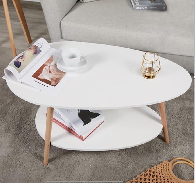 Maupvit Coffee Table-Oval Wood Table with Open Shelving for Storage and Display 2 Tier Sofa Table, Small Modern Furniture Living Room&Home Office-White - LeafyLoom