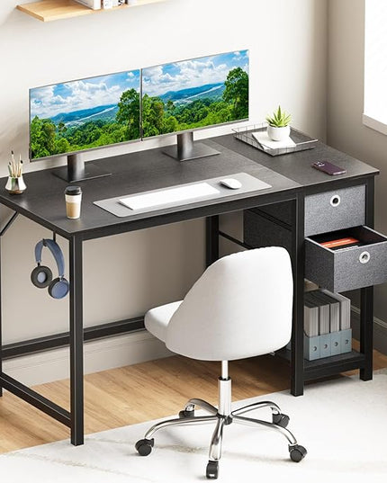 SMUG Computer Desk with Storage Drawers, 47 Inch Small Office Desk Modern Simple Workstation Study Writing Table for Home Bedroom, Black - LeafyLoom