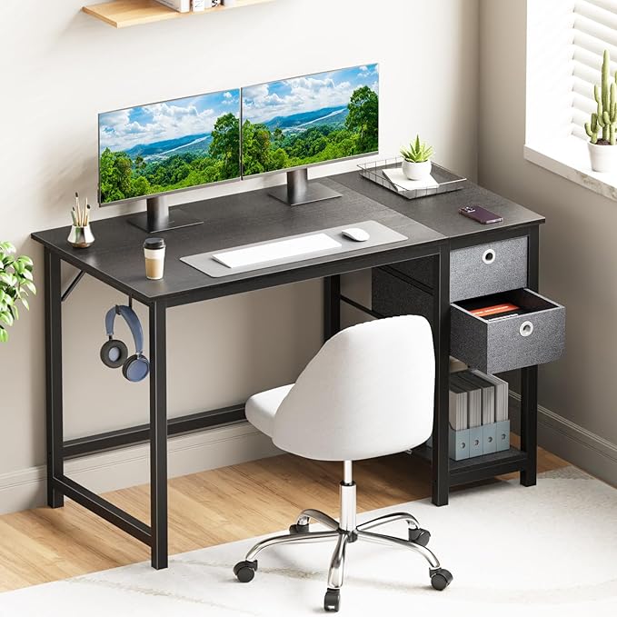 SMUG Computer Desk with Storage Drawers, 47 Inch Small Office Desk Modern Simple Workstation Study Writing Table for Home Bedroom, Black - LeafyLoom
