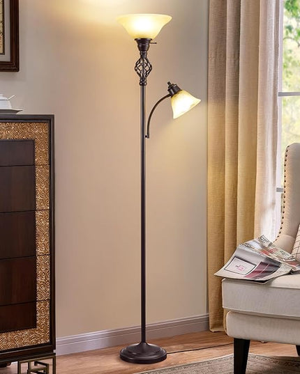Floor Lamp, Standing Lamp with Adjustable Side Reading Light, Floor Lamps for Living Room with Glass Shade 72-Inch Torchiere Tall Lamps Decor for Bedroom Living Room Den Office (Bulb Included) - LeafyLoom