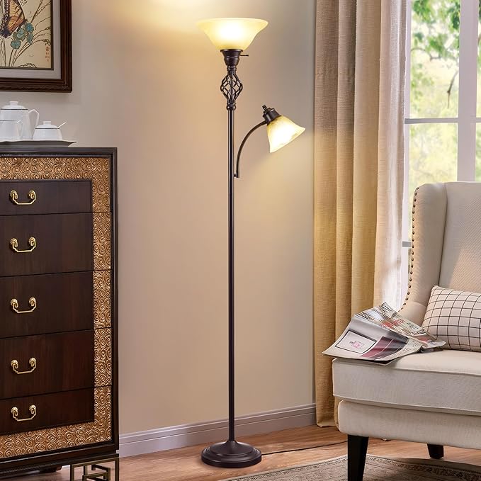 Floor Lamp, Standing Lamp with Adjustable Side Reading Light, Floor Lamps for Living Room with Glass Shade 72-Inch Torchiere Tall Lamps Decor for Bedroom Living Room Den Office (Bulb Included) - LeafyLoom