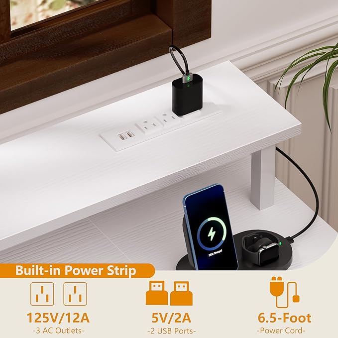 Furologee 55in Computer Desk with 4 Drawers, LED Gaming Desk with Power Outlets, Office Desk with Full Monitor Stand and Storage Shelf, Study Work Desk for Home Office Bedroom, White - LeafyLoom