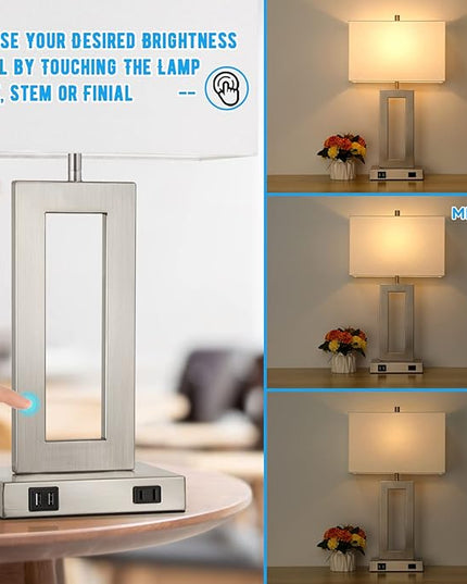 22'' Tall Table Lamps for Bedroom Set of 2, Silver Bedside Touch Control Lamp with 2 USB Ports&AC Outlet, Modern Living Room Table Lamp for Nightstand End Table, 3-Way Dimming with 2 E26 Edison Bulbs - LeafyLoom