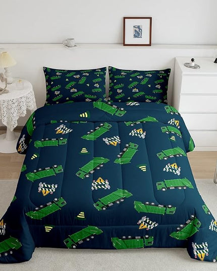 Feelyou Garbage Truck Toy Print Warm Comforter Setfor Kids Boys, Green Garbage Truck Bedding Set Cartoon Equipment Comforter Navy Blue Decor All Season Quilt Room 3Pcs King Size Boys - LeafyLoom