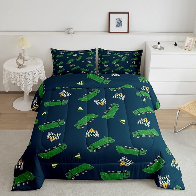 Feelyou Garbage Truck Toy Print Warm Comforter Setfor Kids Boys, Green Garbage Truck Bedding Set Cartoon Equipment Comforter Navy Blue Decor All Season Quilt Room 3Pcs King Size Boys - LeafyLoom