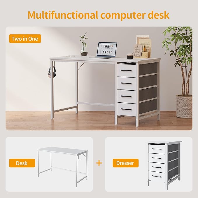 CubiCubi 40 Inch Computer Desk with 4 Drawers, Home Office Small Desk with Storage, Modern Study Writing Desk, White - LeafyLoom