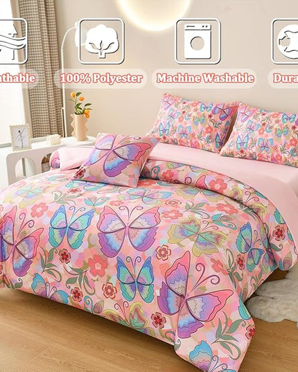 Butterfly Bedding Set Twin, Pink Butterfly Comforter Set for Girls Kids Teens 6 pcs Bed in a Bag Twin Bedding Sets for Girls - LeafyLoom