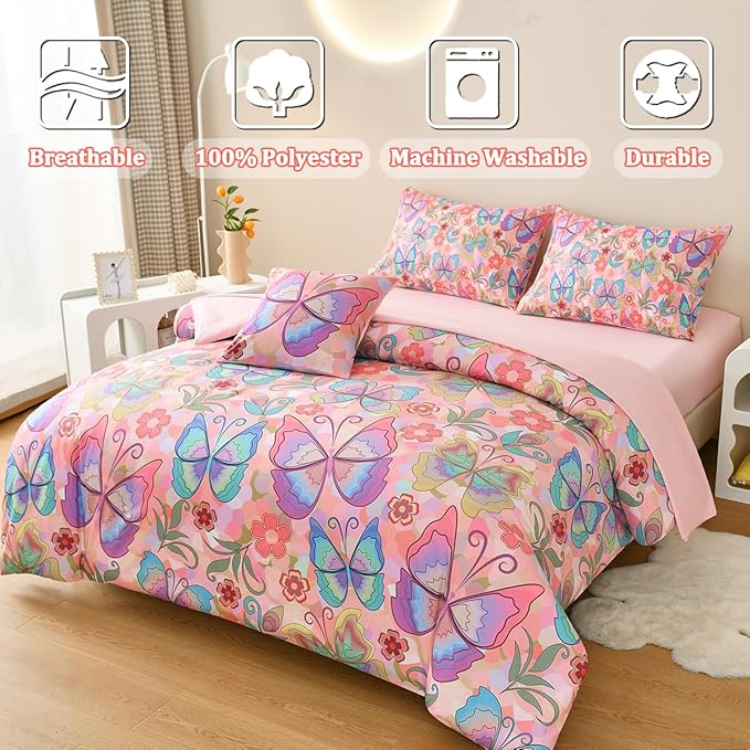 Butterfly Bedding Set Full, Pink Butterfly Comforter Set for Girls Kids Teens 6 pcs Bed in a Bag Full Bedding Sets for Girls - LeafyLoom