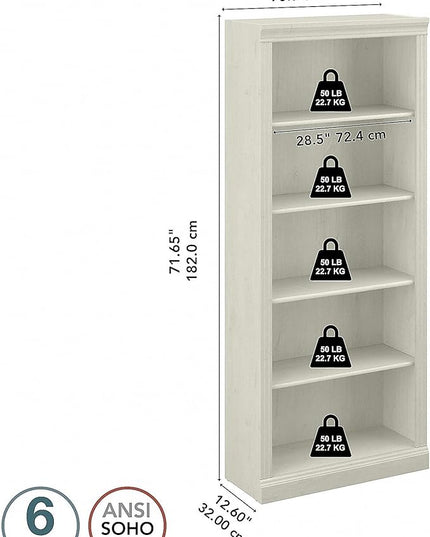 Saratoga 5-Shelf 72-Inch H Bookcase, Linen White Oak - LeafyLoom