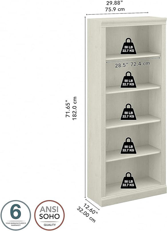 Saratoga 5-Shelf 72-Inch H Bookcase, Linen White Oak - LeafyLoom