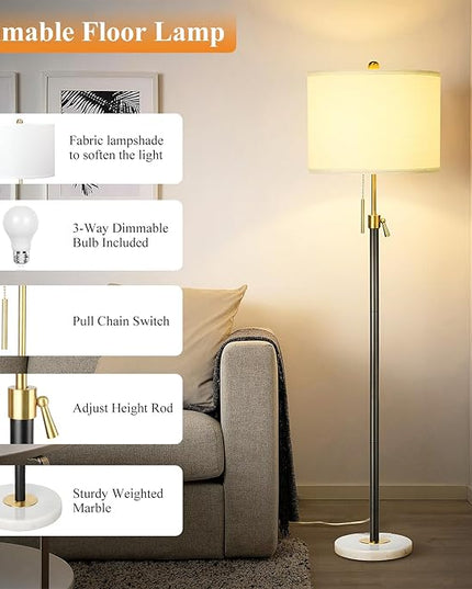 Floor Lamp for Living Room Adjustable Tall Standing Lamp, 3-Way Dimmable Floor Lamp for Bedroom Office, Black Gold Lamp with Marble Base and White Linen Shade, 6W 3000K LED Blub Included - LeafyLoom