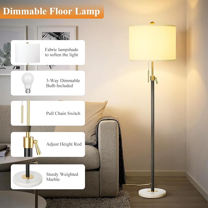 Floor Lamp for Living Room Adjustable Tall Standing Lamp, 3-Way Dimmable Floor Lamp for Bedroom Office, Black Gold Lamp with Marble Base and White Linen Shade, 6W 3000K LED Blub Included - LeafyLoom