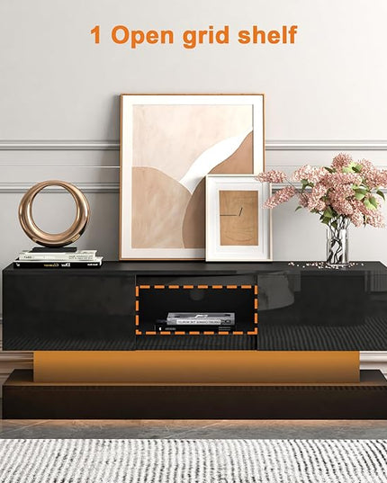 Black TV Stand Modern - TV Stands with Led Lights and Storage Drawers for TVs up to 55 Inch - Gaming TV Entertainment Stand for Living Room, Bedroom - LeafyLoom
