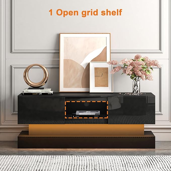 Black TV Stand Modern - TV Stands with Led Lights and Storage Drawers for TVs up to 55 Inch - Gaming TV Entertainment Stand for Living Room, Bedroom - LeafyLoom