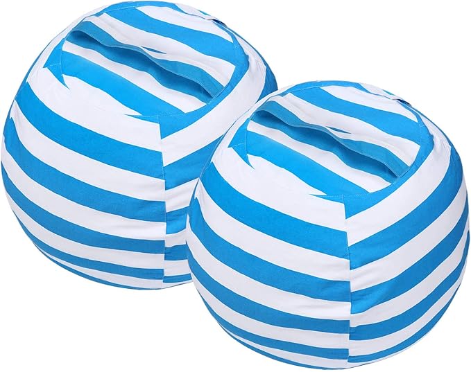 2 PCS Stuffed Animal Storage Bean Bag Chair Cover, Cotton Canvas Beanbag with Zipper for Organizing Kid's and Adults Room Blue 24" - LeafyLoom