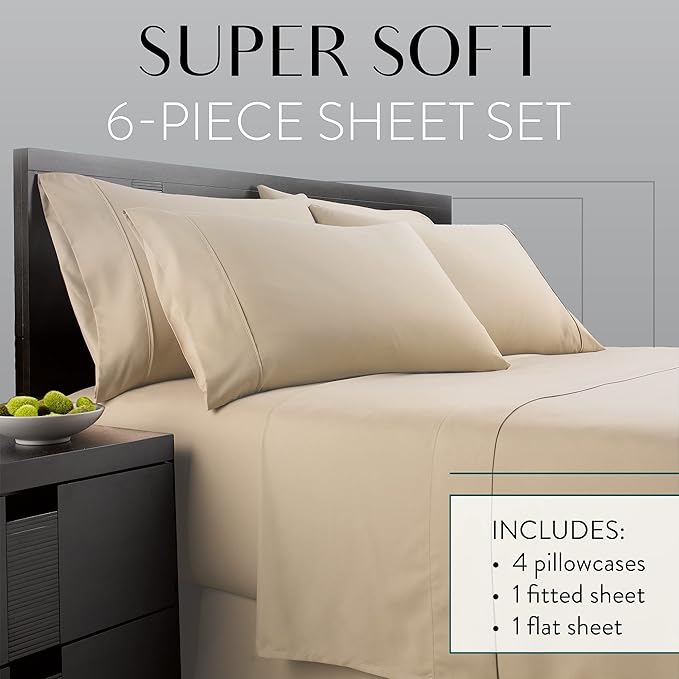 Danjor Linens California King Sheet Set - 6 Piece Set Including 4 Pillowcases - Deep Pockets - Breathable, Soft Bed Sheets - Wrinkle Free - Machine Washable - Taupe Cal King Bed Sheets - 6 pc. - LeafyLoom
