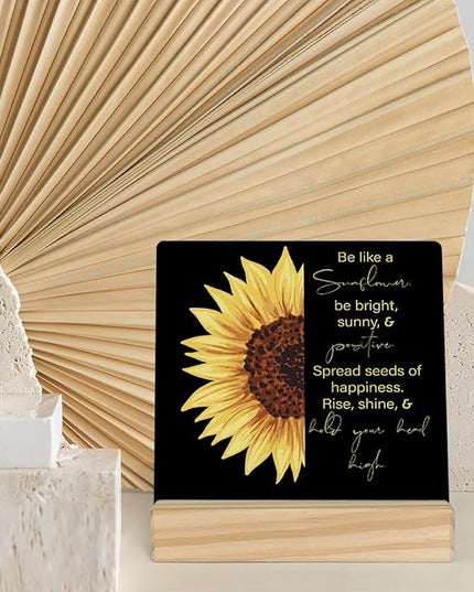 MUBIAO Sunflower Wooden Plaque Sign Desk Decor, Motivational Sunflower Quote Wood Stand Signs Desk Decor, Rustic Decor for Home Office Shelf Desk 4 x 4 Inches - LeafyLoom
