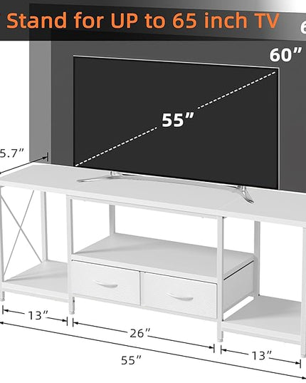 TV Stand with Fabric Drawers for 55 60 65 Inches TV - Entertainment Center and Industrial TV Console Table with Open Storage Shelves for Living Room, Bedroom - 55.1" White - LeafyLoom