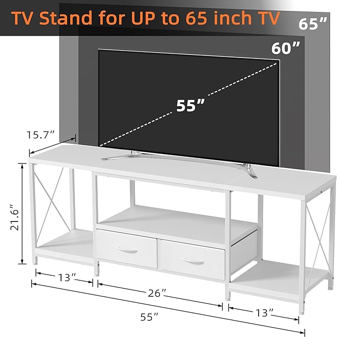 TV Stand with Fabric Drawers for 55 60 65 Inches TV - Entertainment Center and Industrial TV Console Table with Open Storage Shelves for Living Room, Bedroom - 55.1" White - LeafyLoom